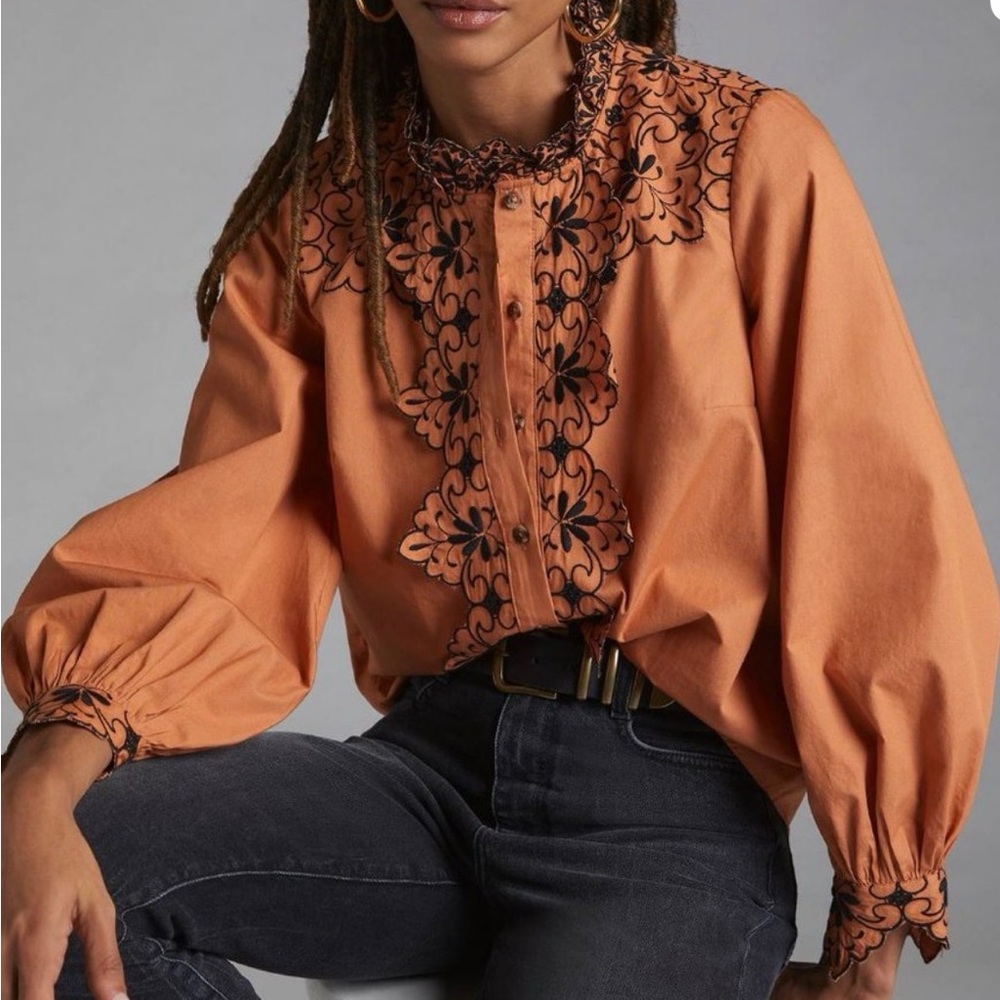 Anthropologie Elegant Orange Embroidered Women's Top